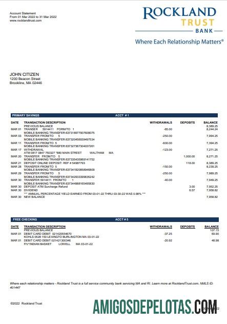 em branco EUA Massachusetts Rockland Trust modelo de extrato bancário Word e PDF